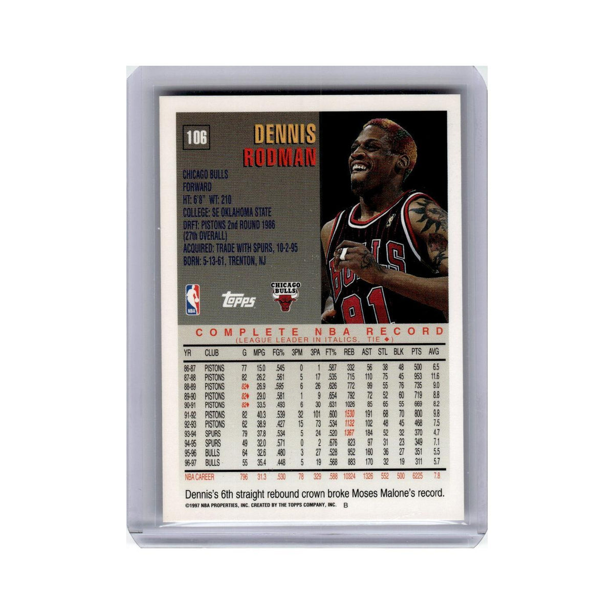 Dennis Rodman 1997 Topps #106 Chicago Bulls Basketball Card NM