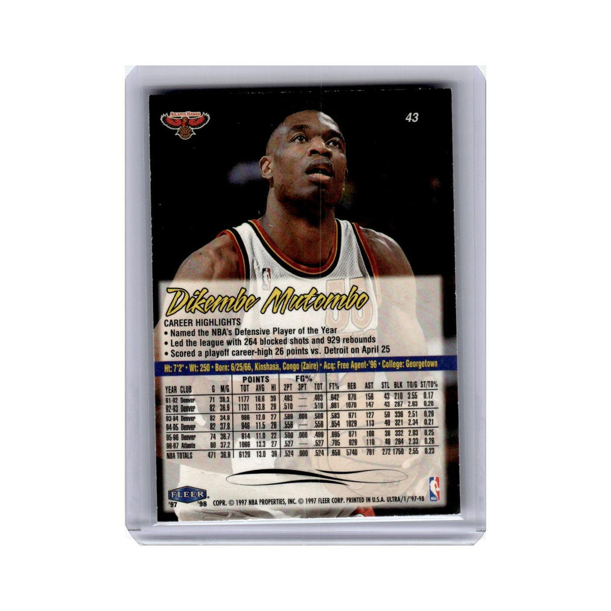 Dikembe Mutombo 1997 Ultra #43 Atlanta Hawks Basketball Card NM