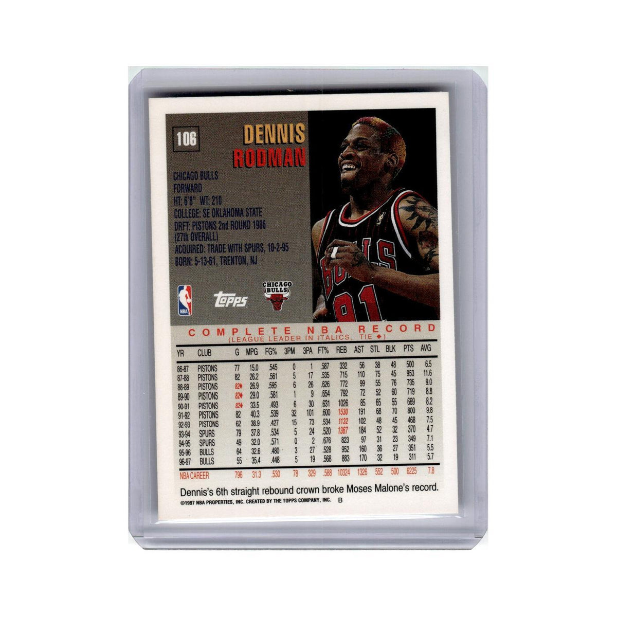Dennis Rodman 1997 Topps #106 Chicago Bulls Basketball Card NM