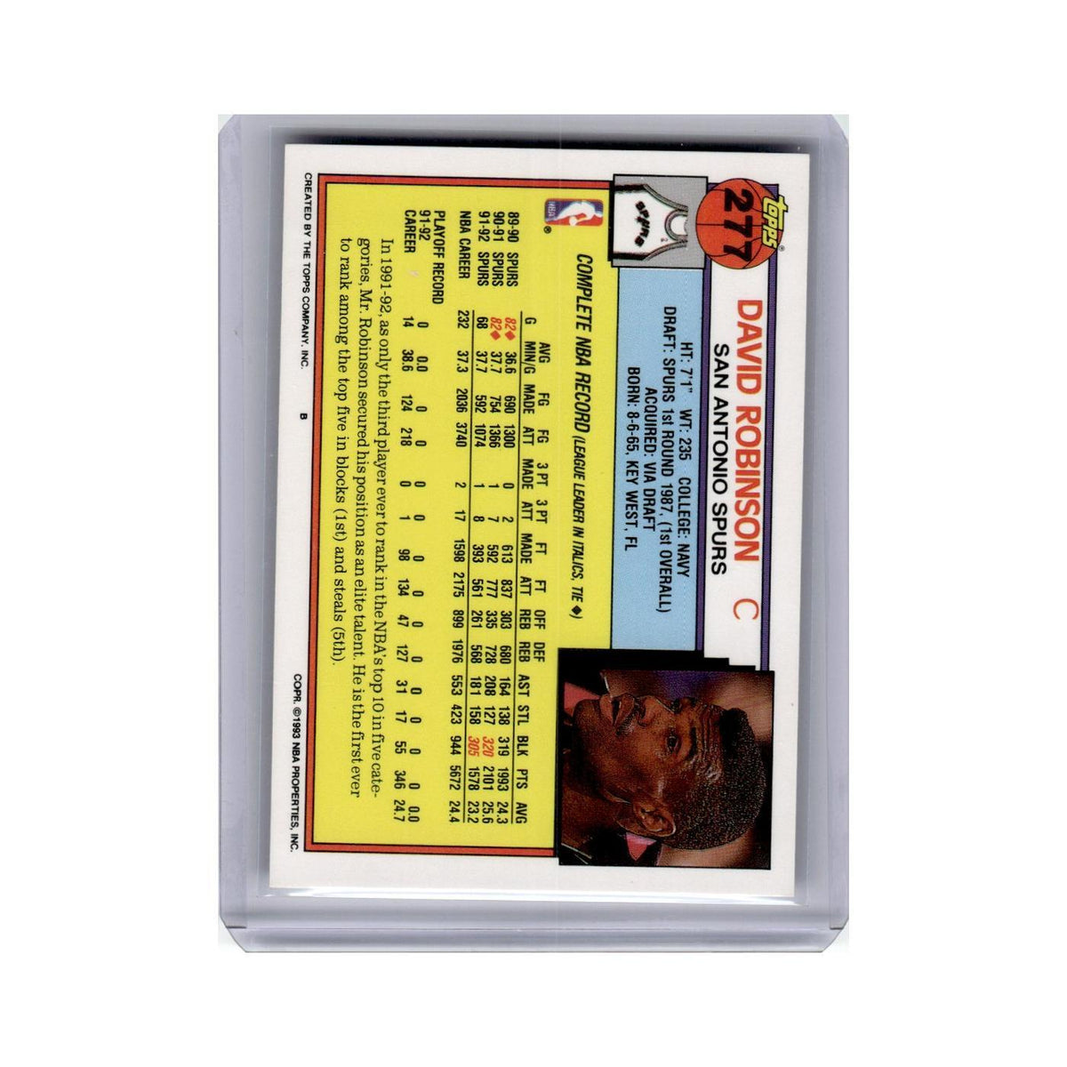 David Robinson 1992 Topps #277 San Antonio Spurs Basketball Card NM
