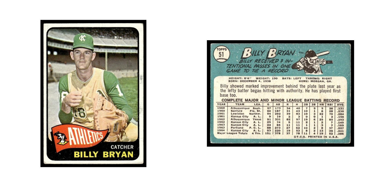 1965 Topps Baseball Card Billy Bryan Kansas City Athletics #51