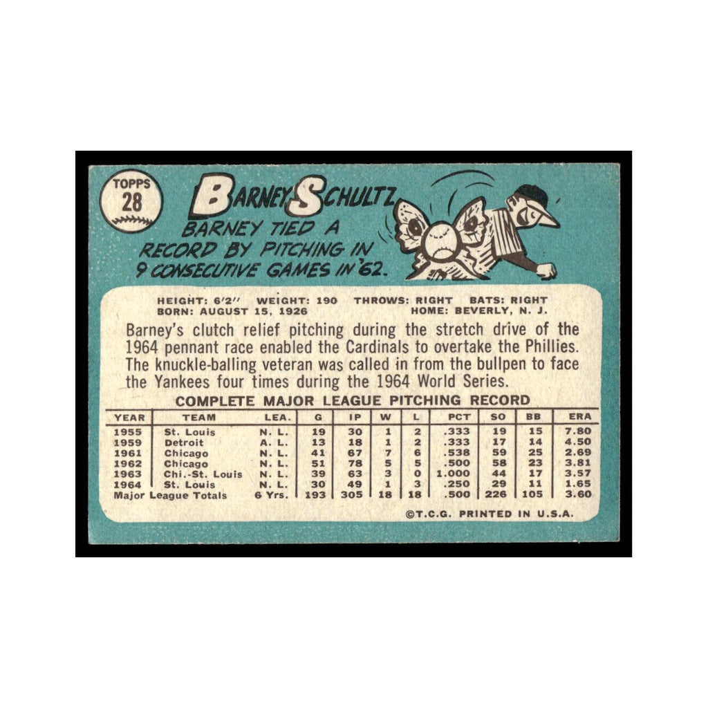 1965 Topps Baseball Card Barney Schultz Cardinals #28