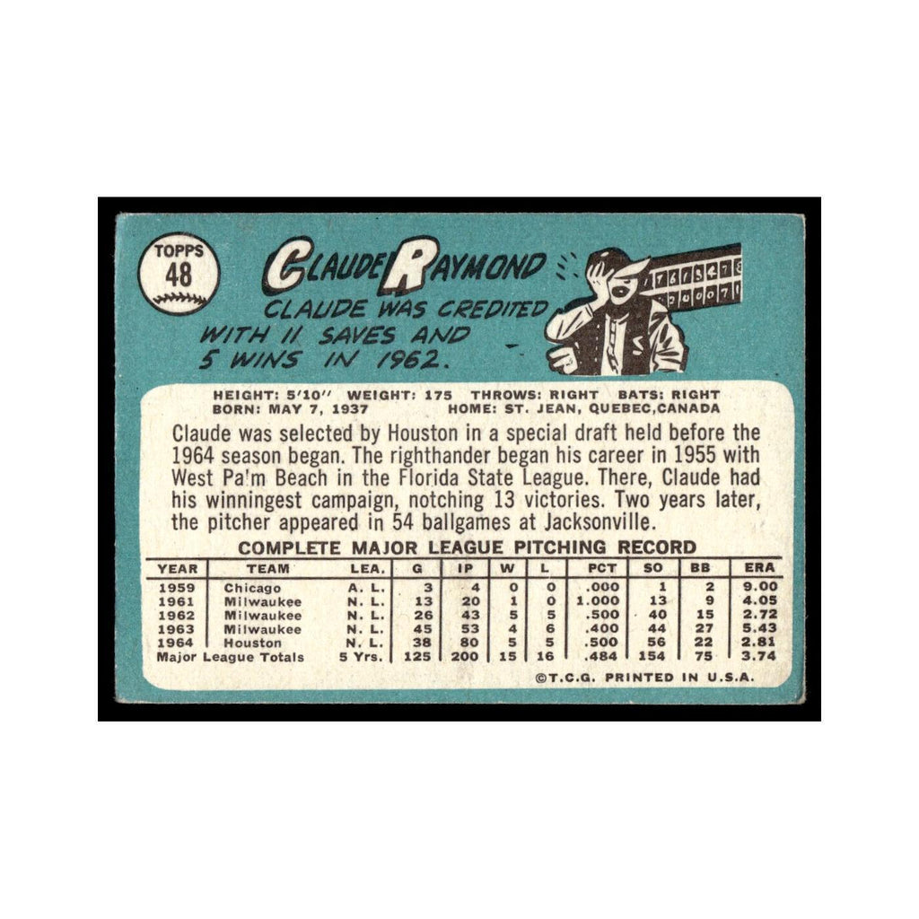 1965 Topps Baseball Card Claude Raymond Astros #48