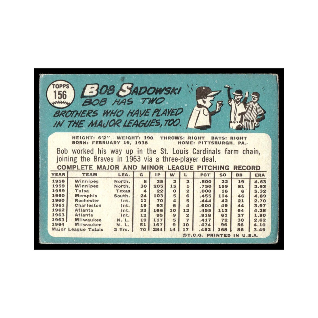1965 Topps Baseball Card Bob Sadowski Milwaukee Braves #156