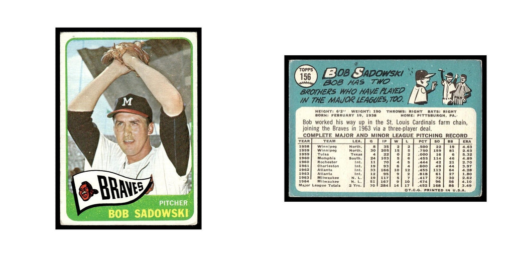 1965 Topps Baseball Card Bob Sadowski Milwaukee Braves #156