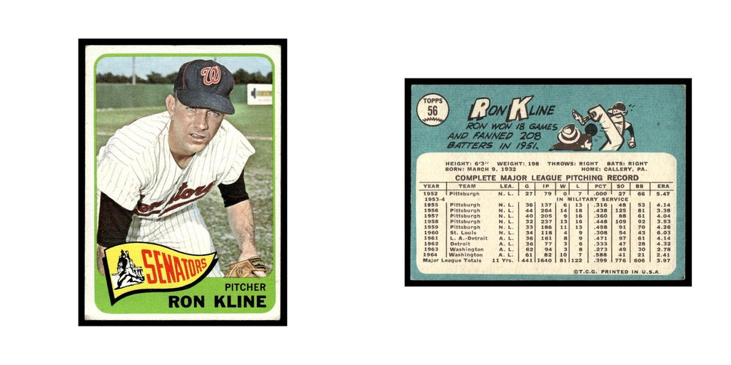 1965 Topps Baseball Card Ron Kline Washington Senators #56