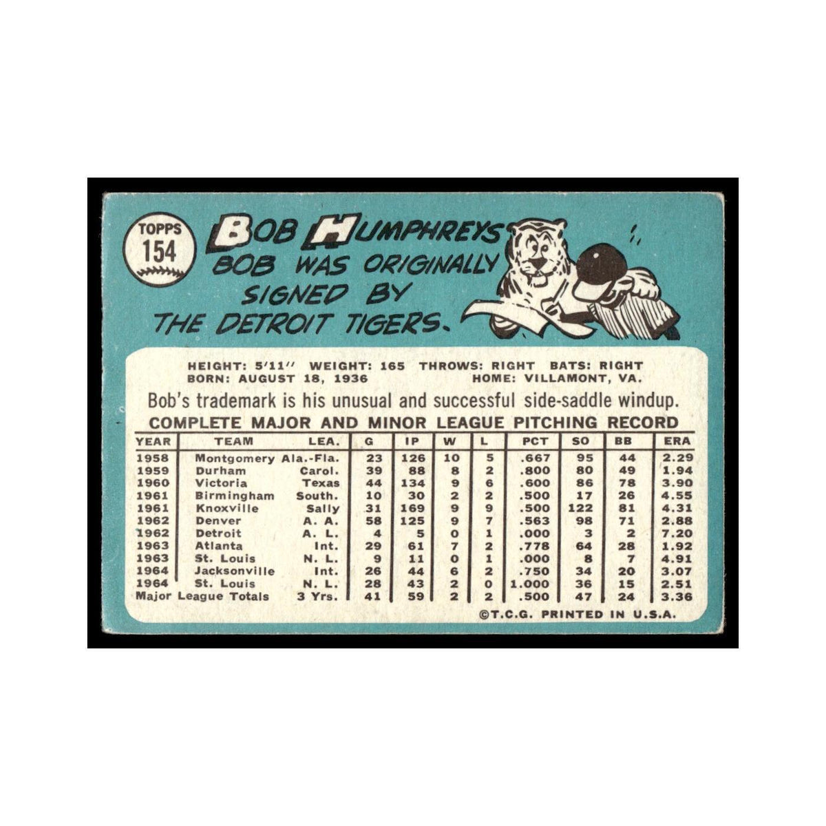 1965 Topps Baseball Card Bob Humphreys Cardinals #154