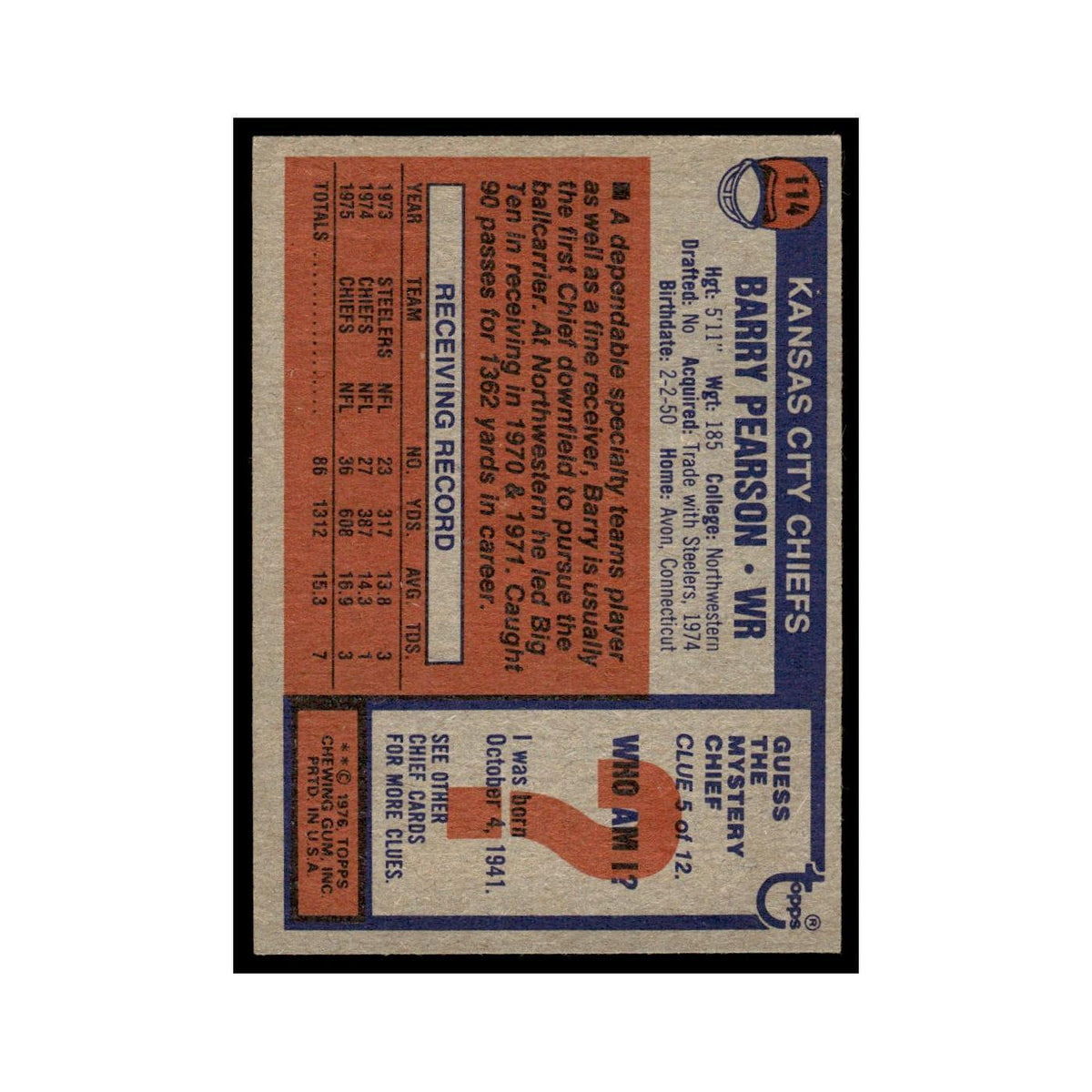 1976 Topps Barry Pearson Chiefs #114