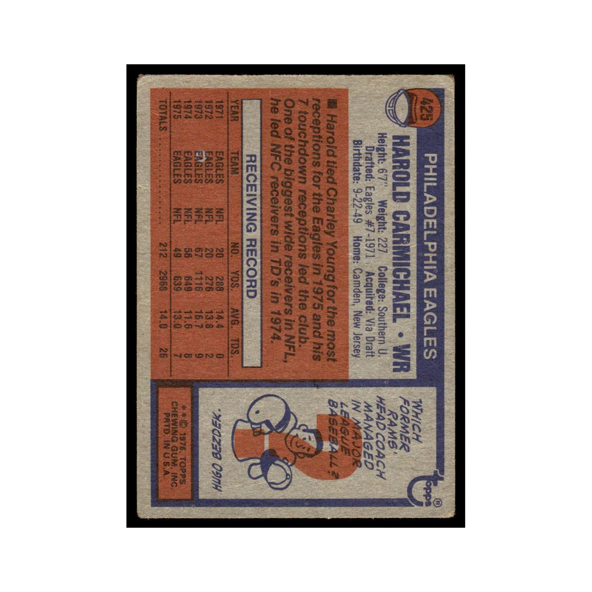 1976 Topps Harold Carmichael Eagles #425