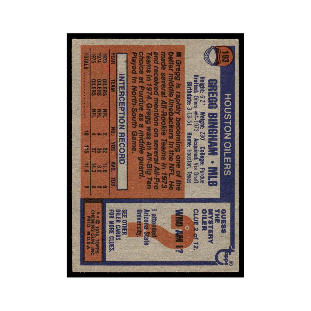 1976 Topps Gregg Bingham Houston Oilers #103