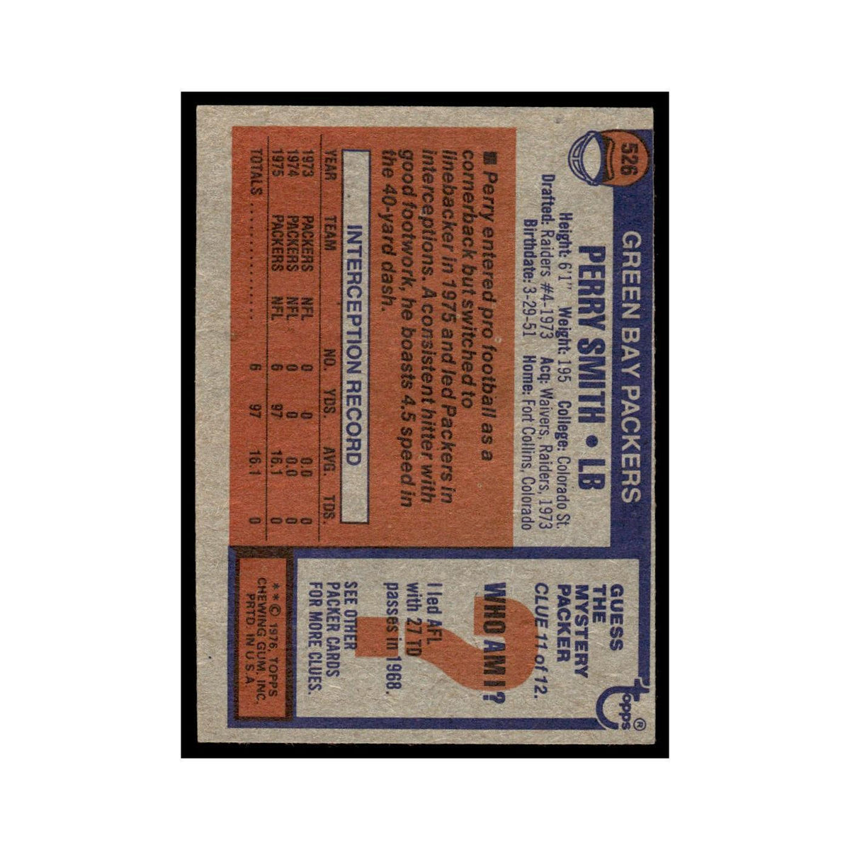 1976 Topps Perry Smith Packers #526