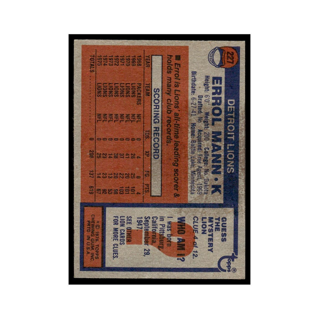 1976 Topps Errol Mann Lions #227