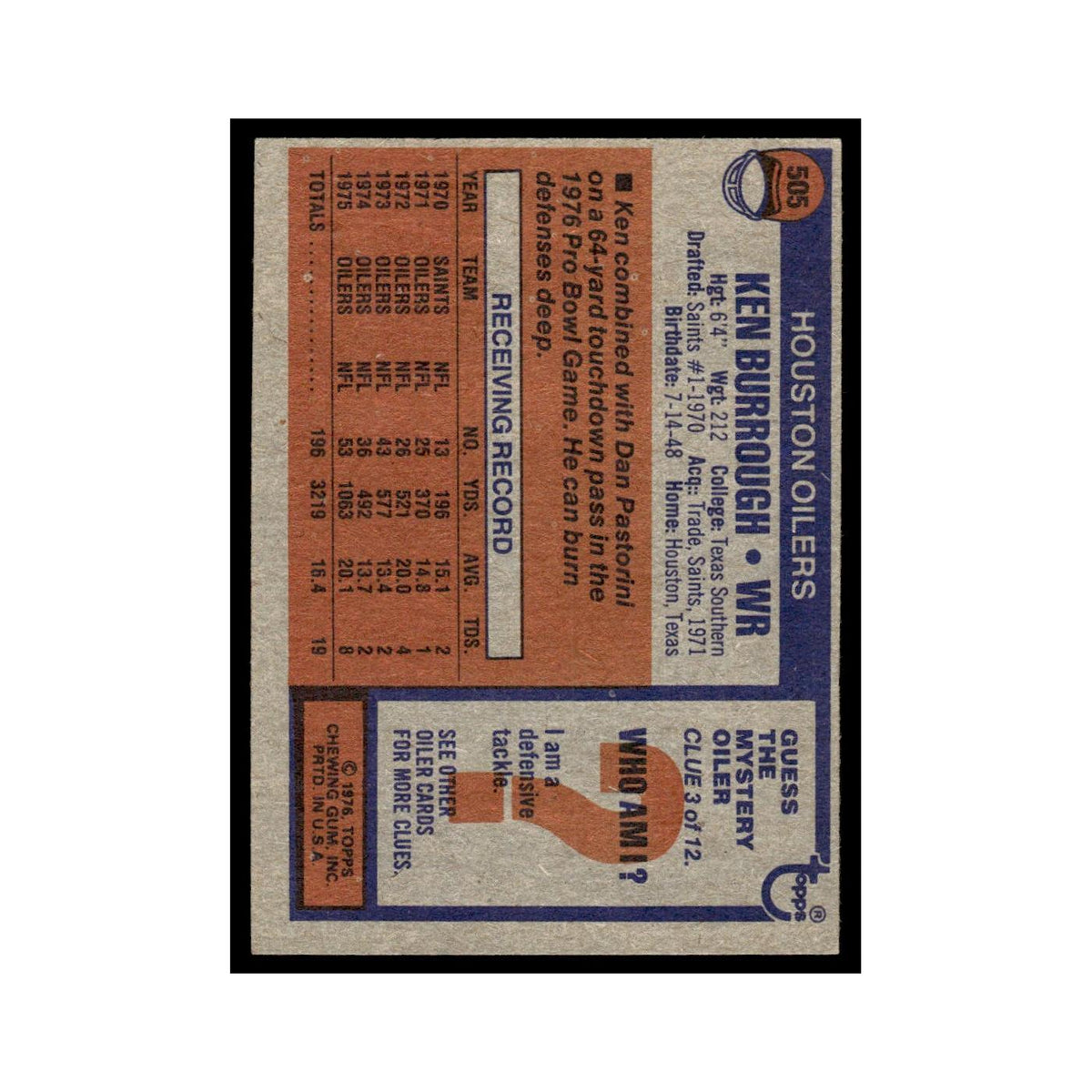 1976 Topps Ken Burrough Houston Oilers #505