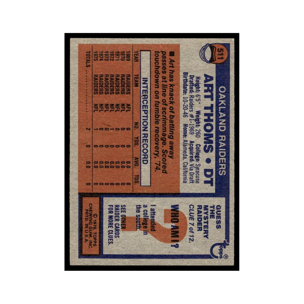 1976 Topps Art Thoms Raiders #511