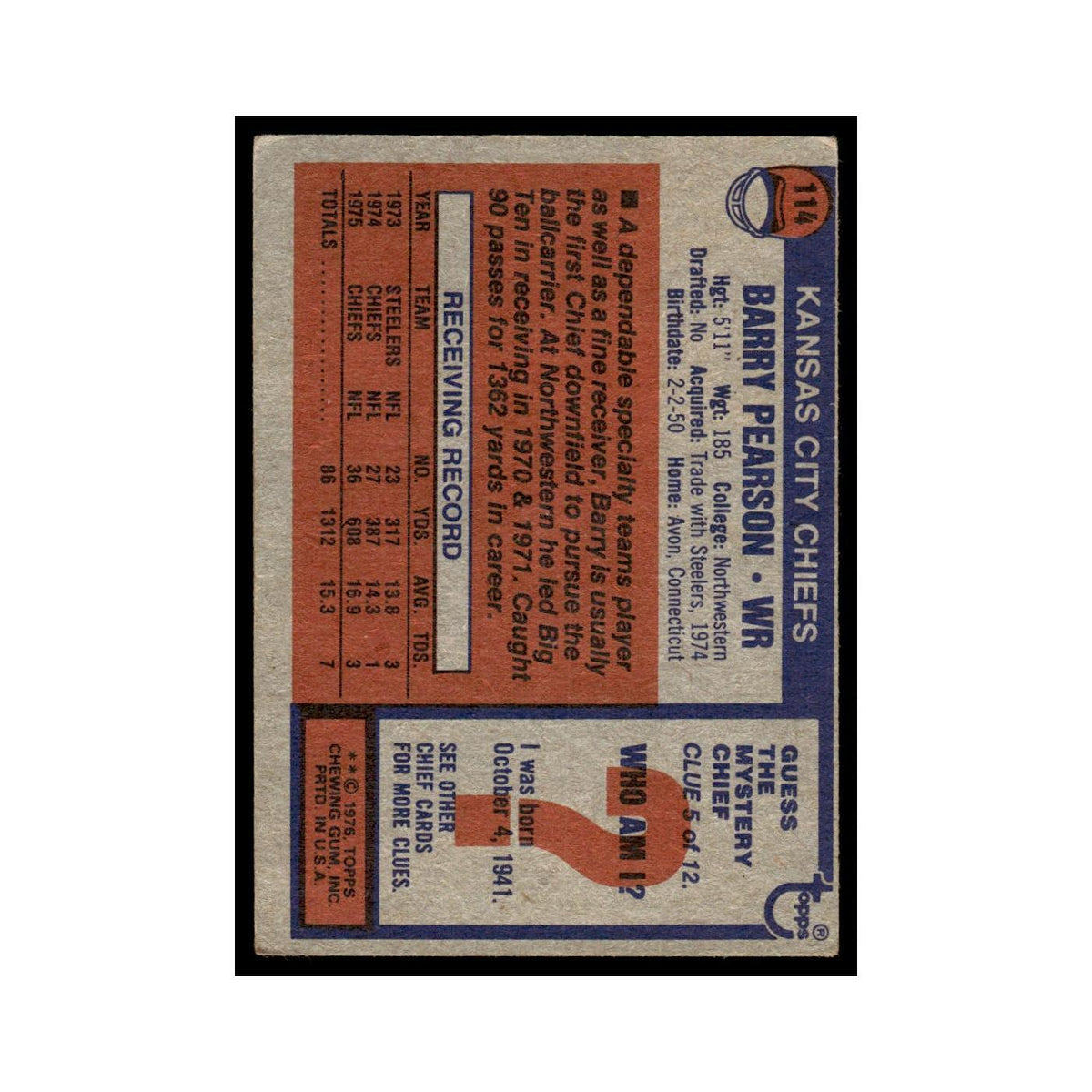 1976 Topps (Damaged) Barry Pearson Chiefs #114