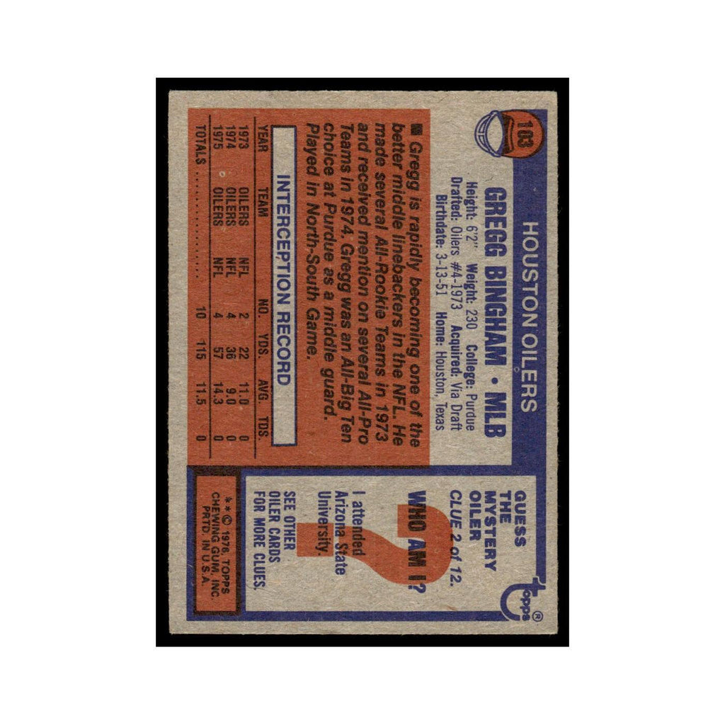 1976 Topps Gregg Bingham Houston Oilers #103