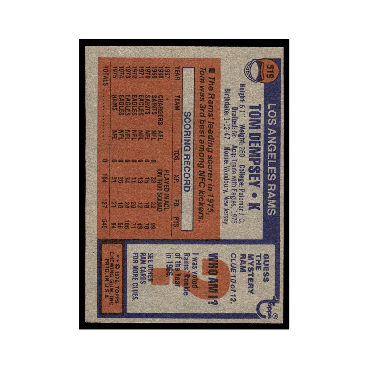 1976 Topps Tom Dempsey Rams #519
