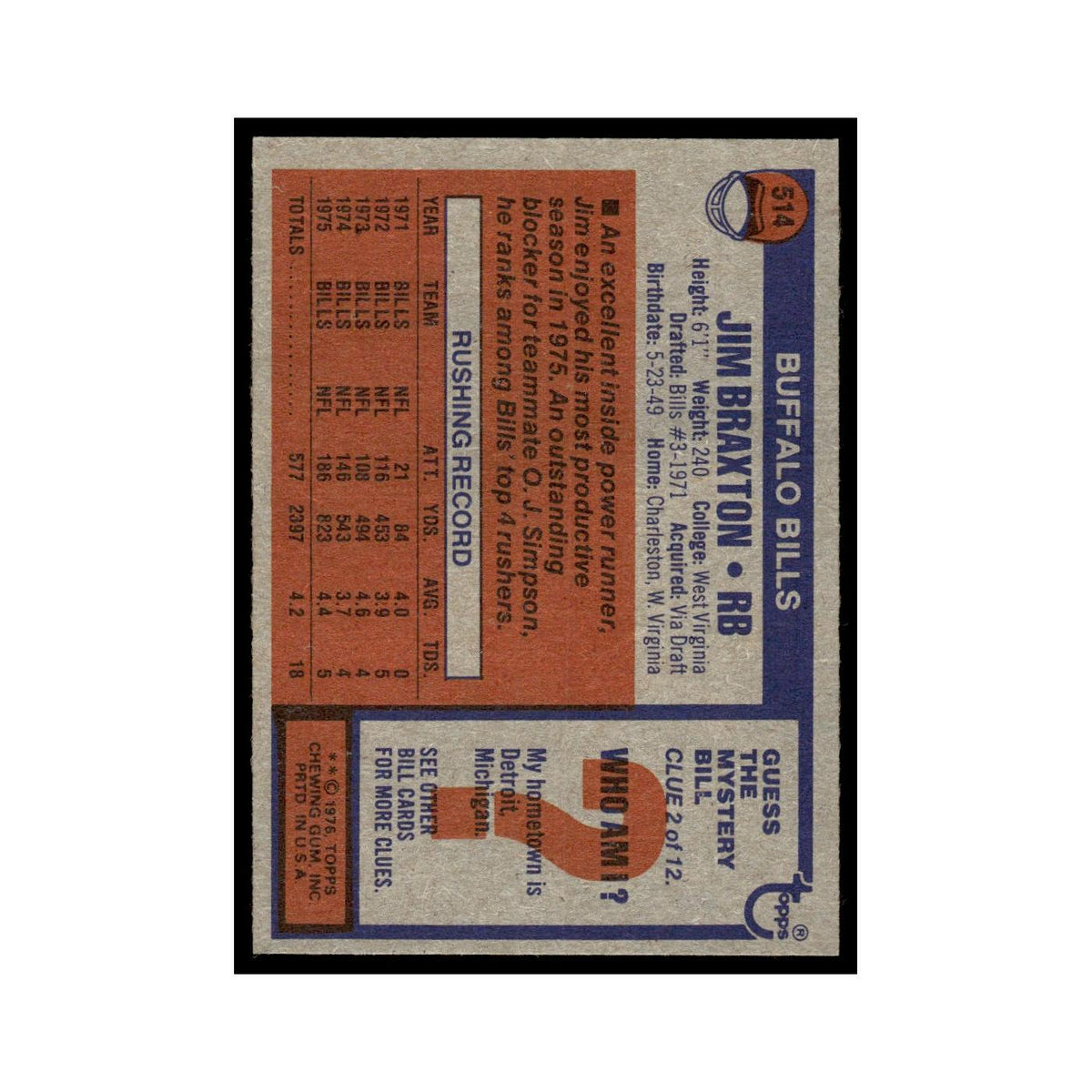 1976 Topps Jim Braxton Bills #514