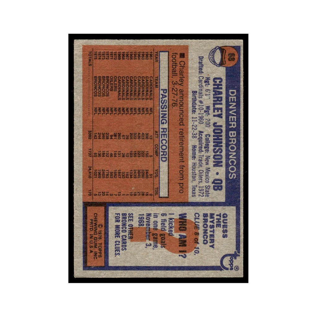 1976 Topps Charley Johnson Broncos #68
