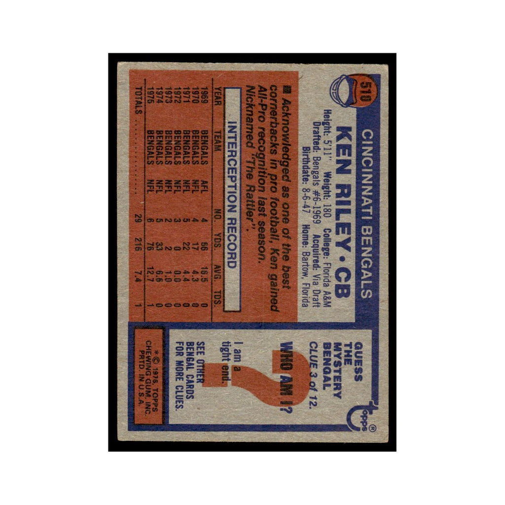 1976 Topps Ken Riley Bengals #510