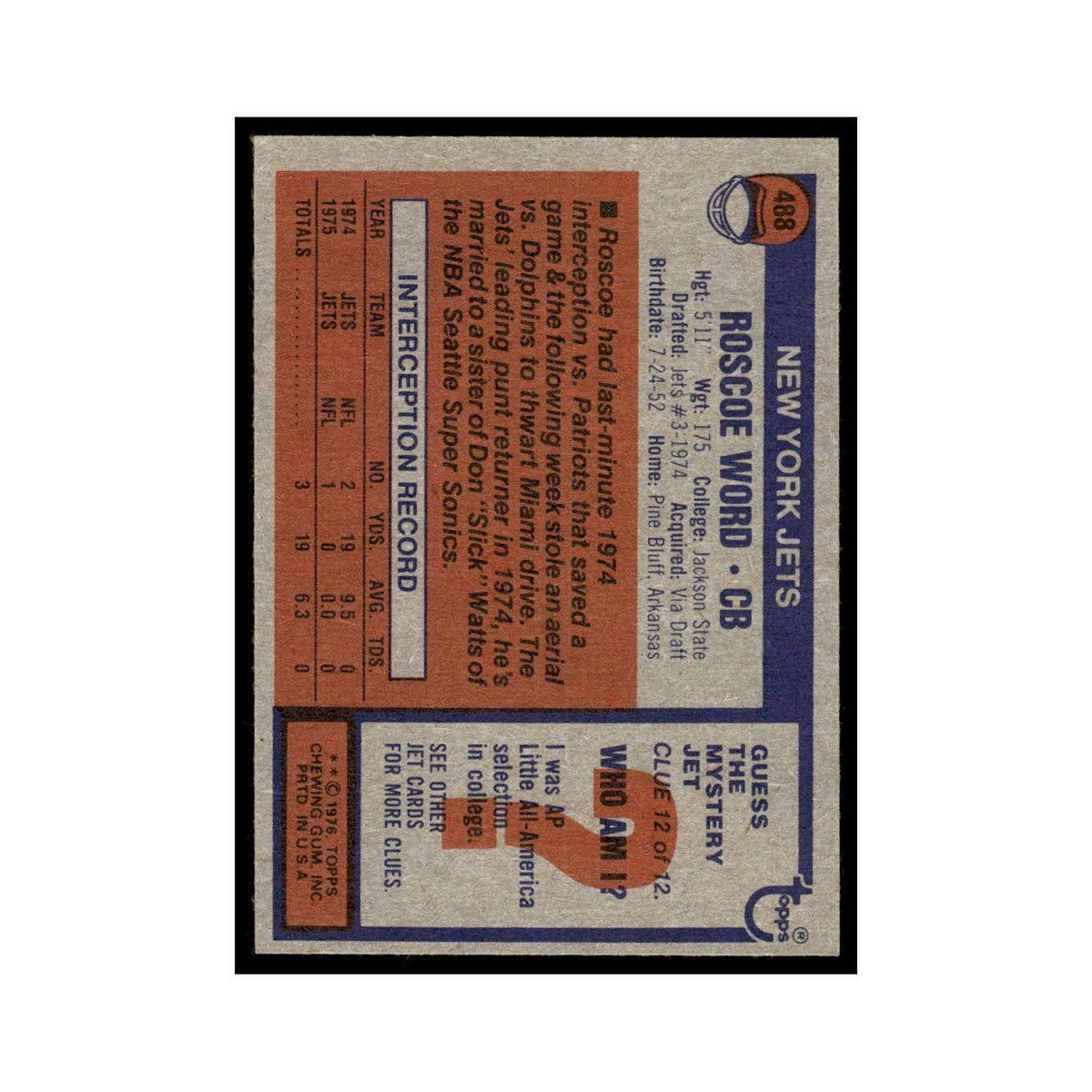 1976 Topps Roscoe Word Jets #488