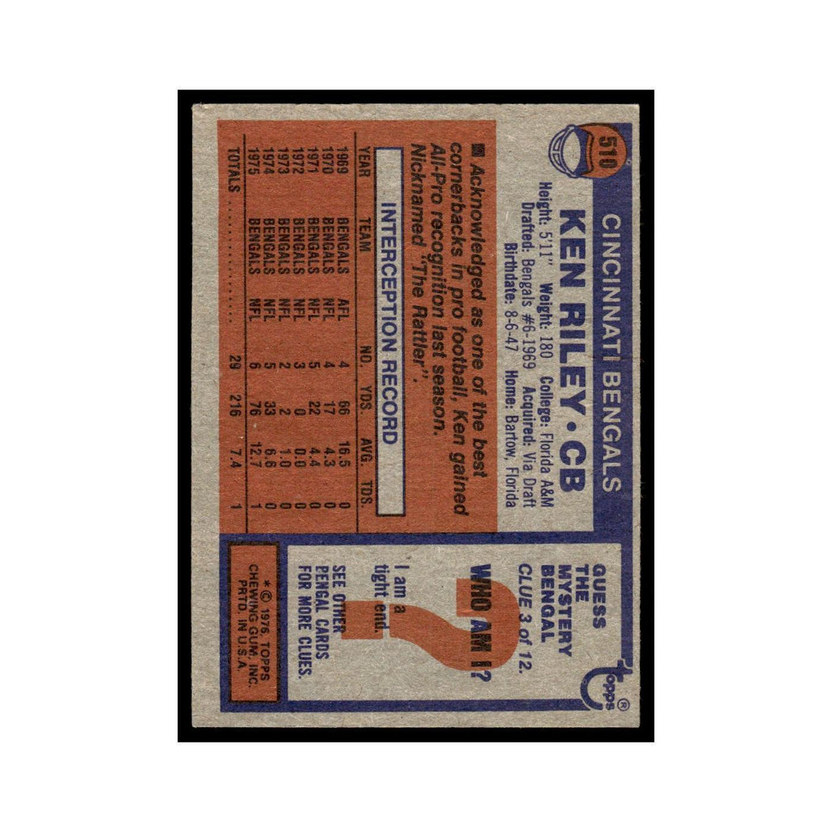1976 Topps Ken Riley Bengals #510