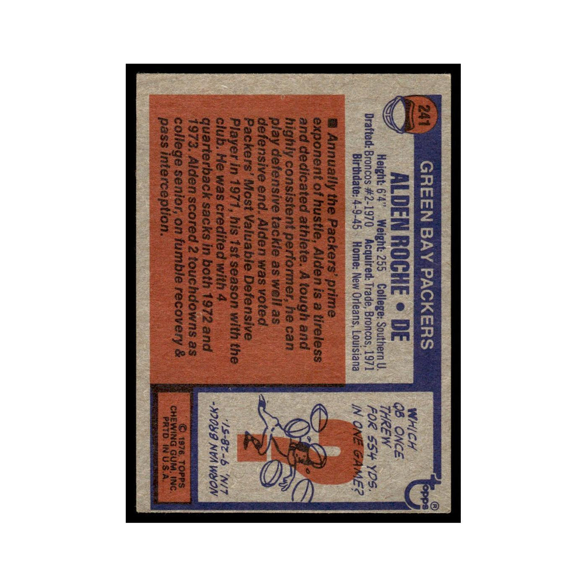 1976 Topps Alden Roche Packers #241