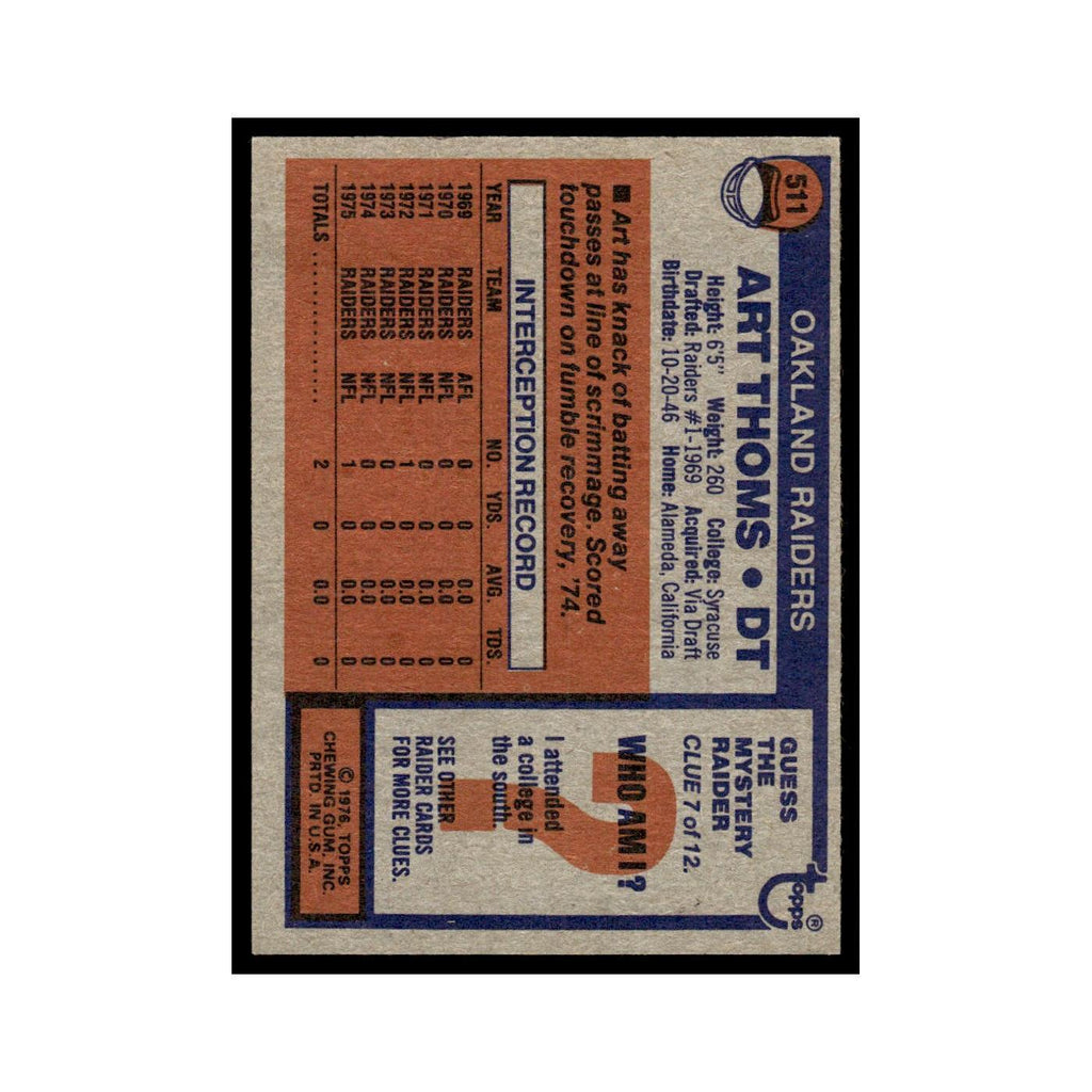 1976 Topps Art Thoms Raiders #511
