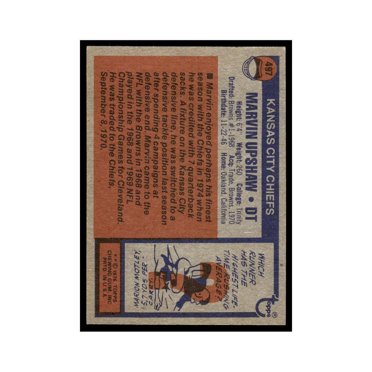 1976 Topps Marvin Upshaw Chiefs #497