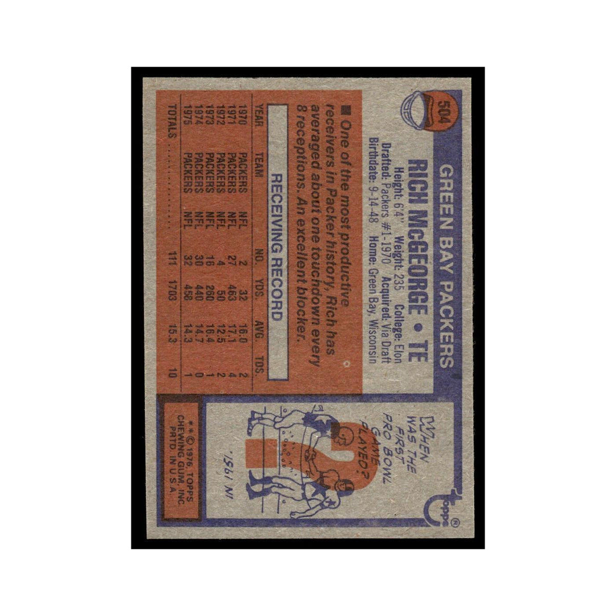 1976 Topps Rich McGeorge Packers #504