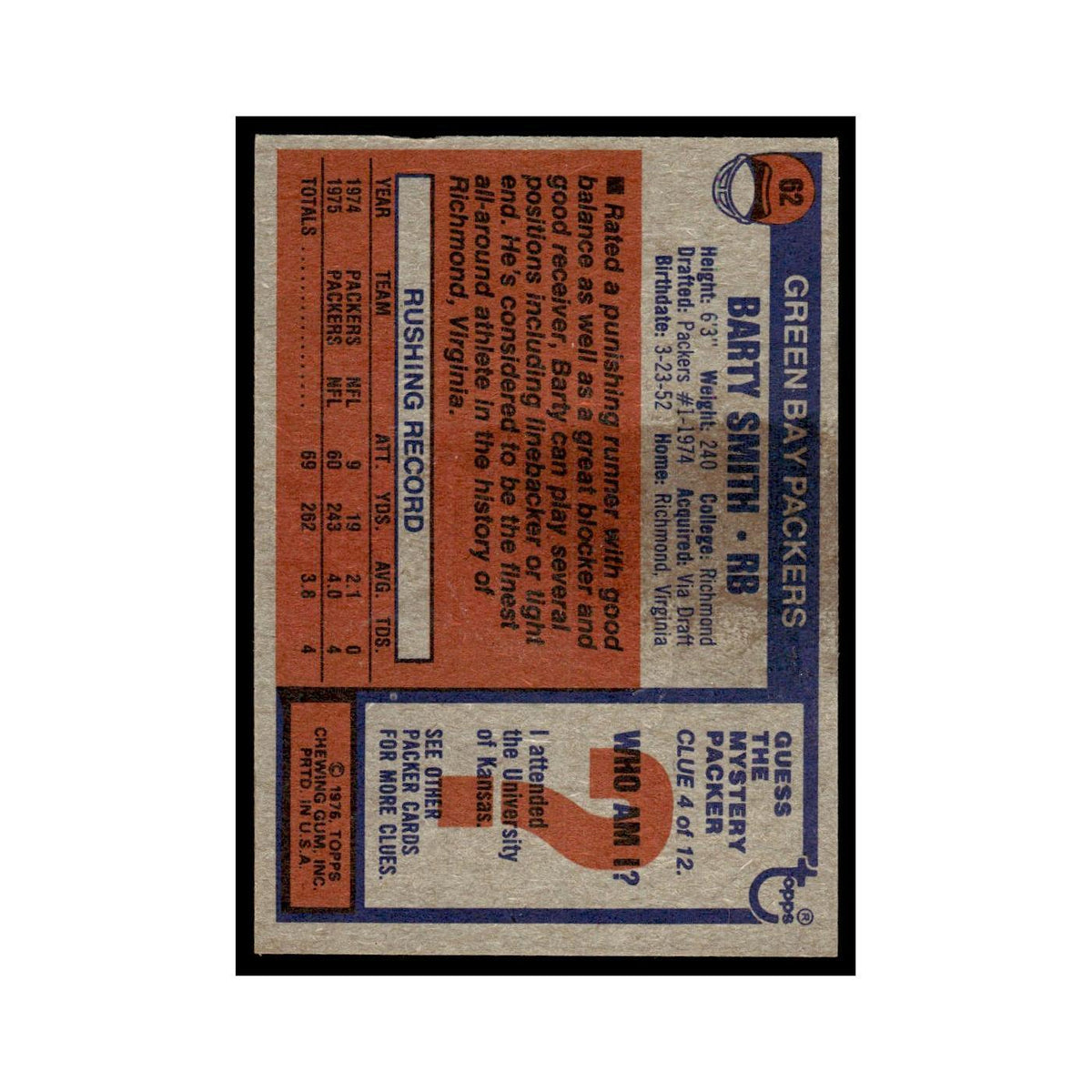 1976 Topps Barty Smith RC Packers #62