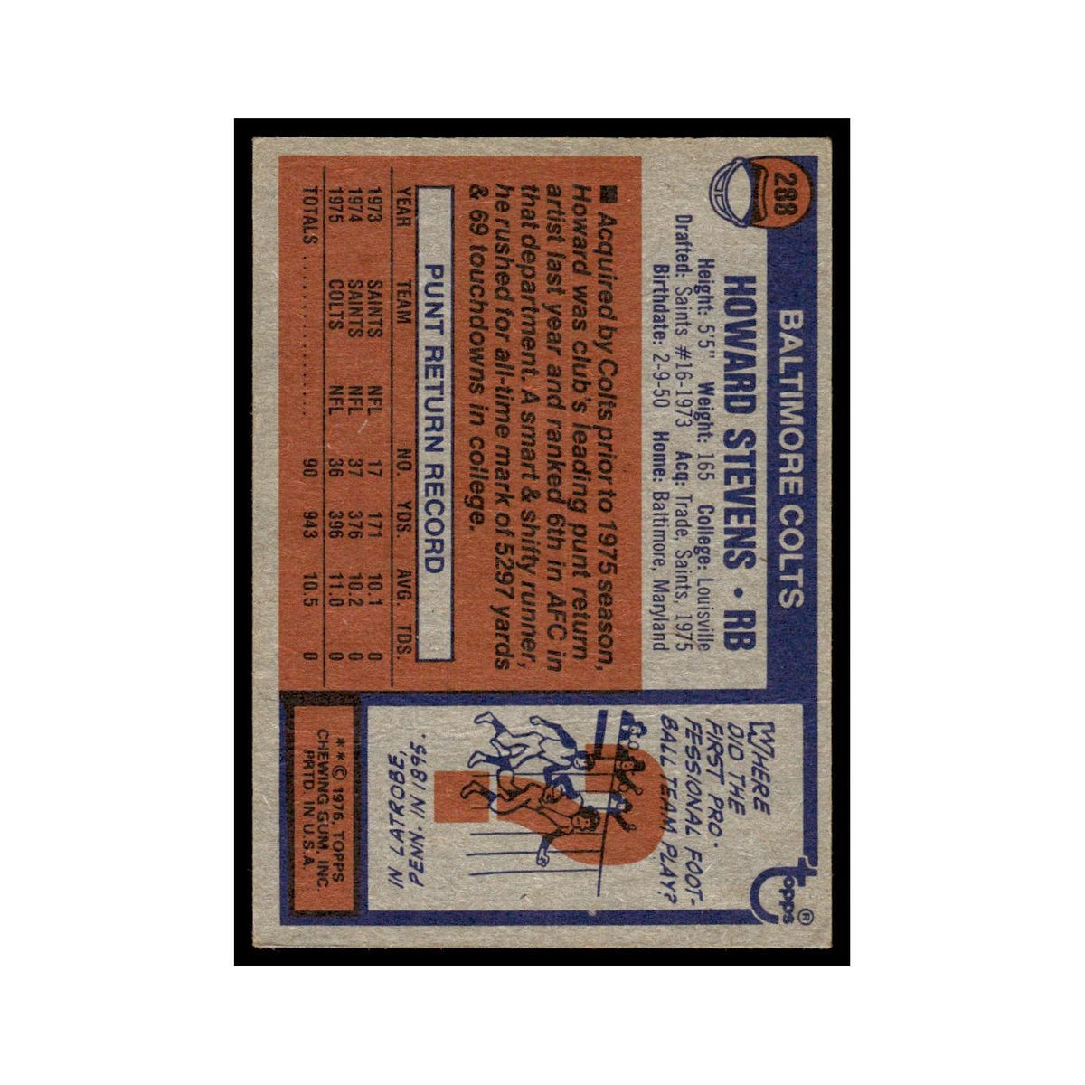 1976 Topps (Damaged) Howard Stevens Baltimore Colts #288