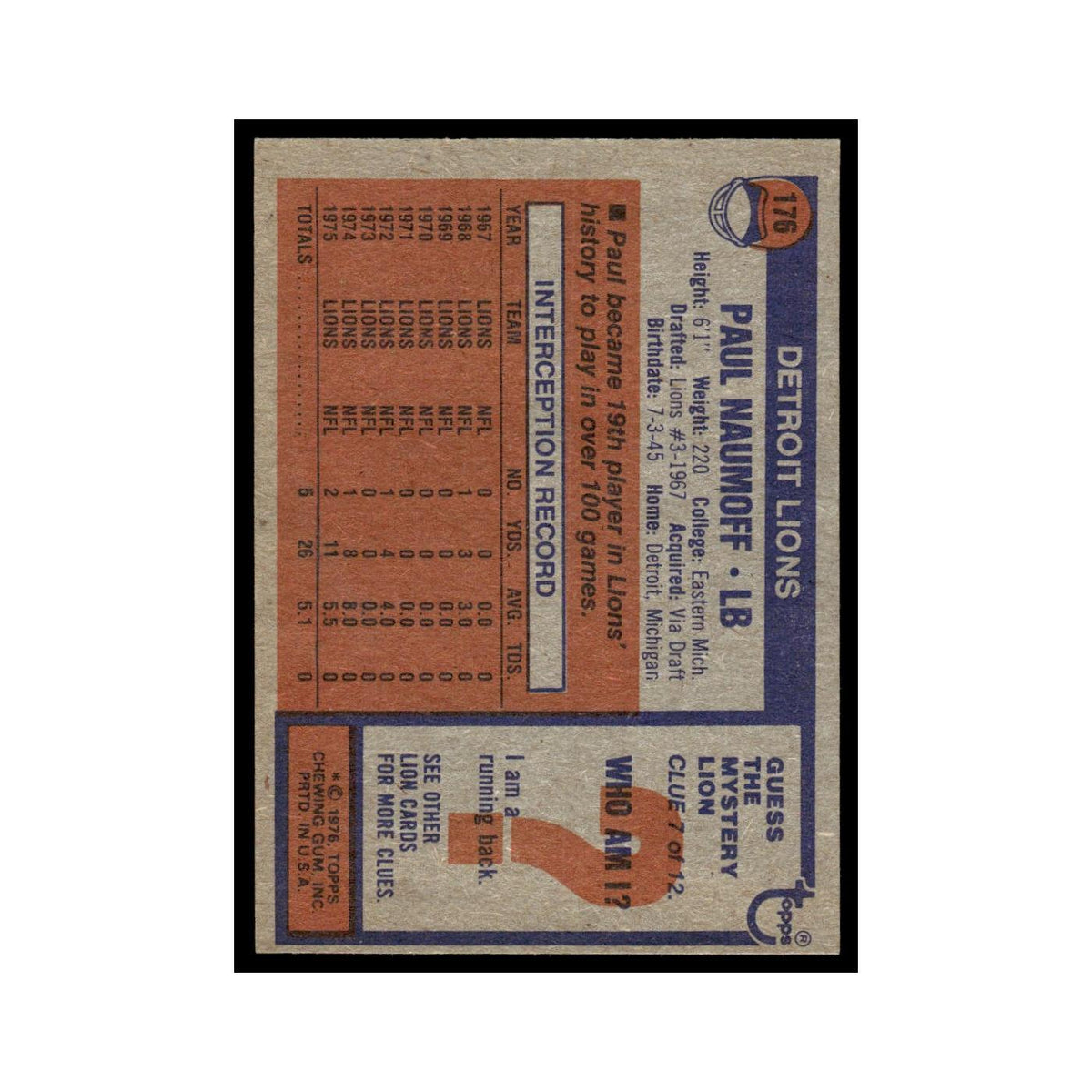 1976 Topps Paul Naumoff Lions #176