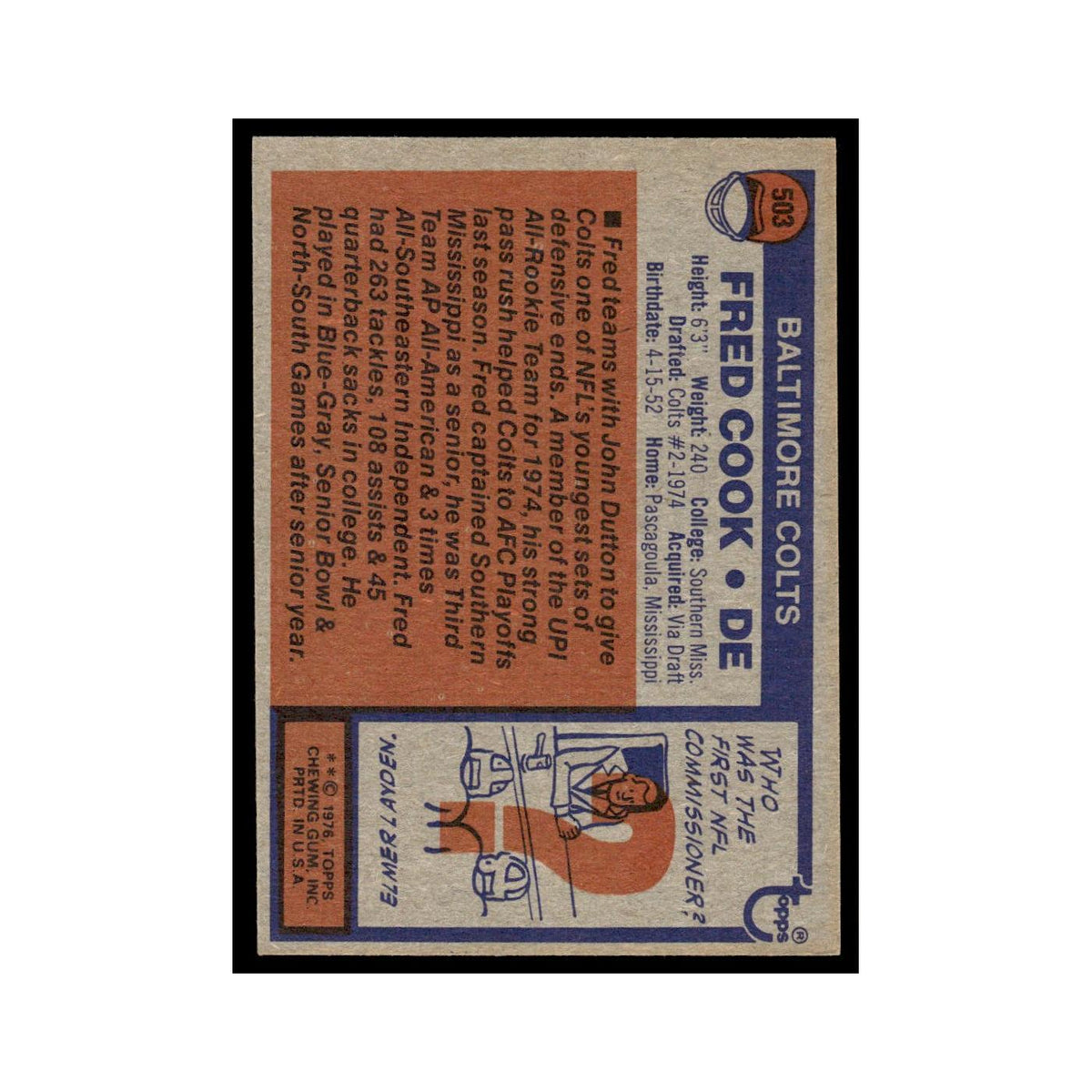 1976 Topps Fred Cook RC Baltimore Colts #503