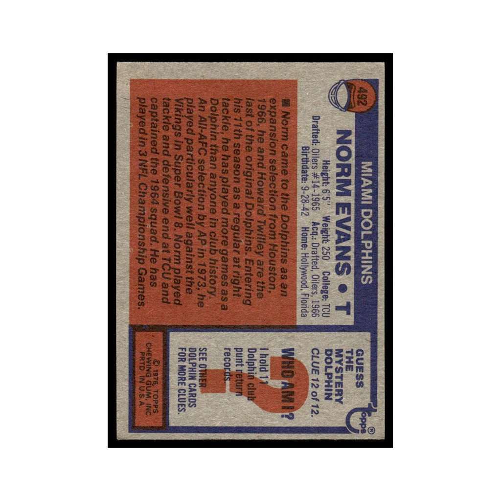 1976 Topps Norm Evans Dolphins #492