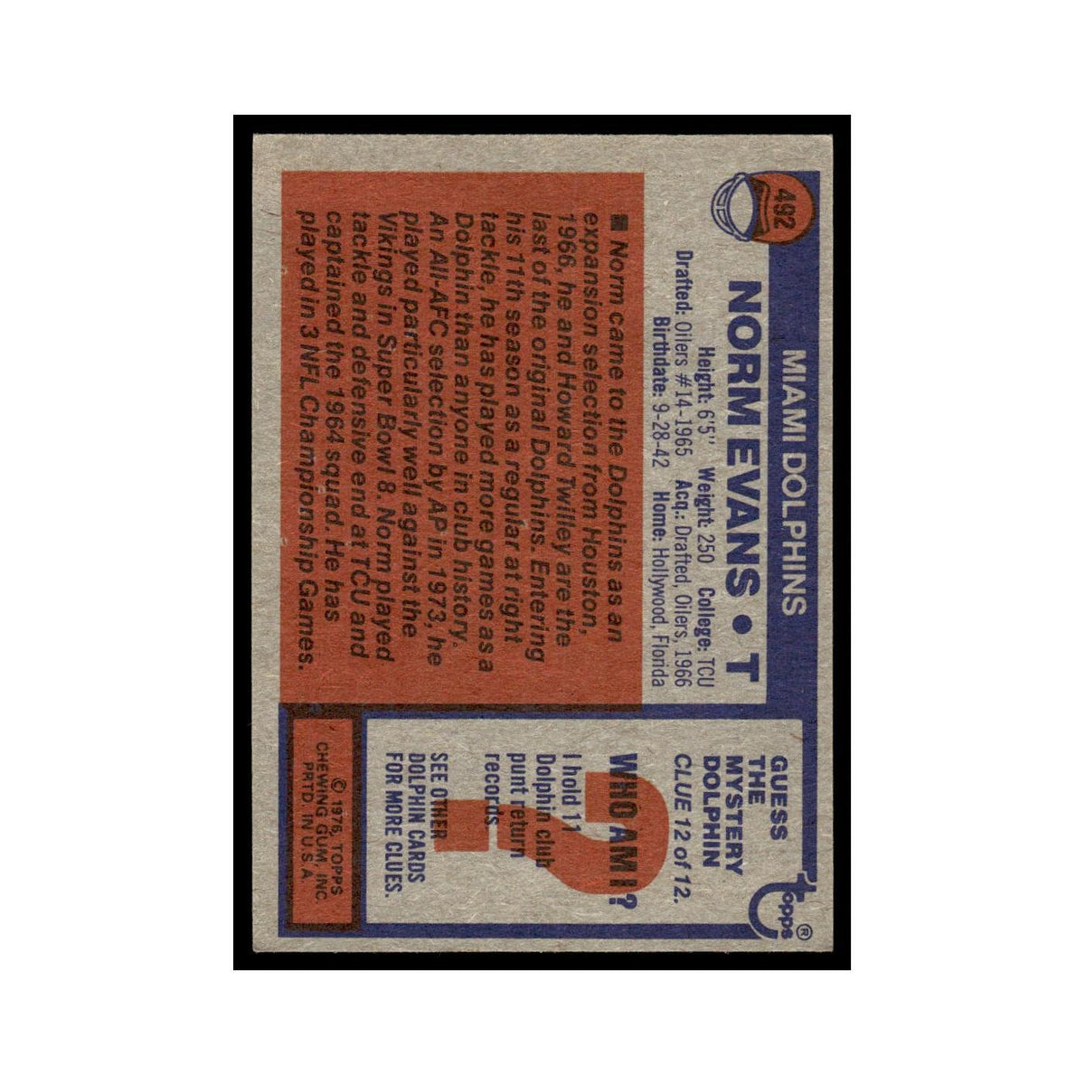 1976 Topps Norm Evans Dolphins #492