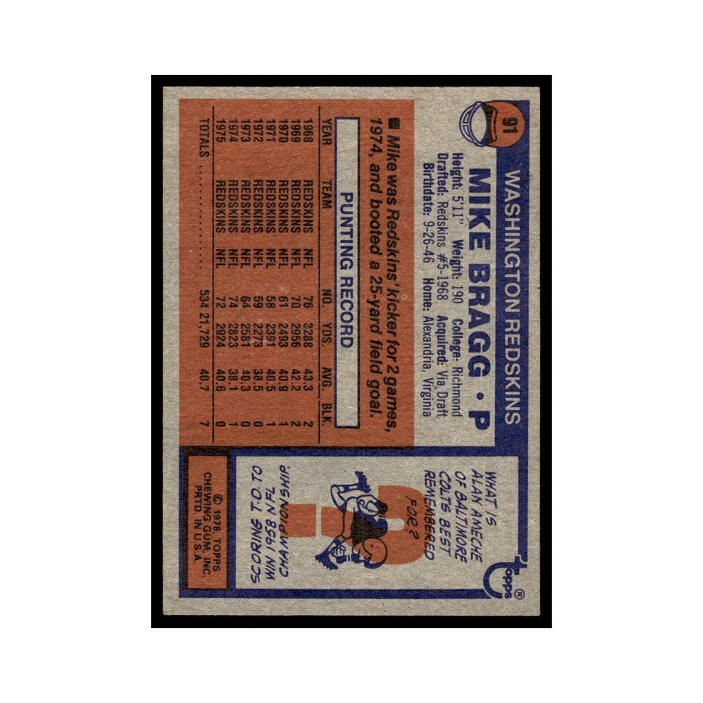 1976 Topps Mike Bragg Redskins #91