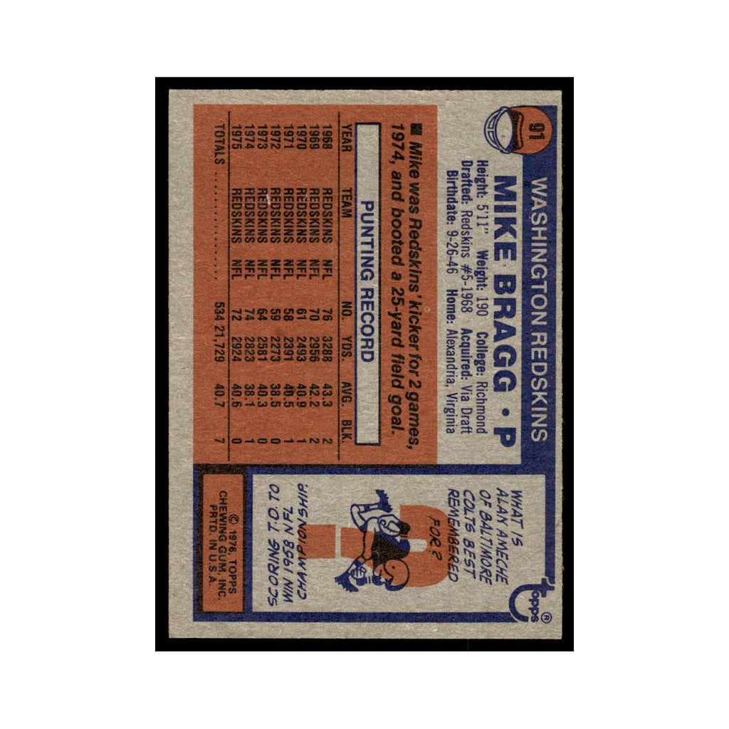 1976 Topps Mike Bragg Redskins #91