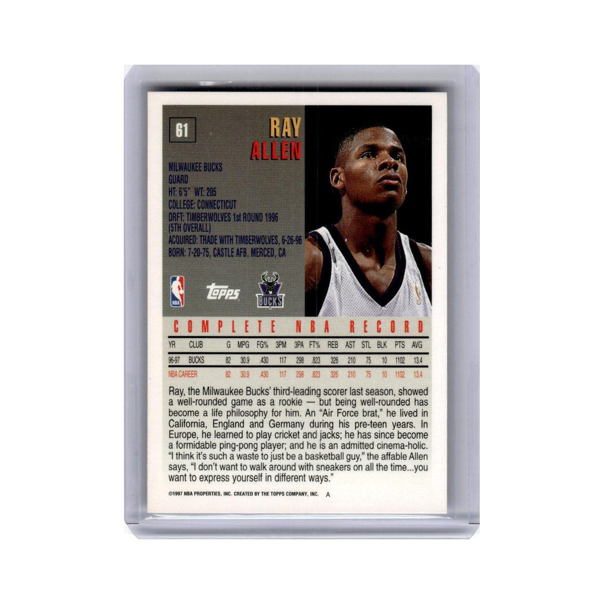 Ray Allen 1997 Topps #61 Milwaukee Bucks Basketball Card NM
