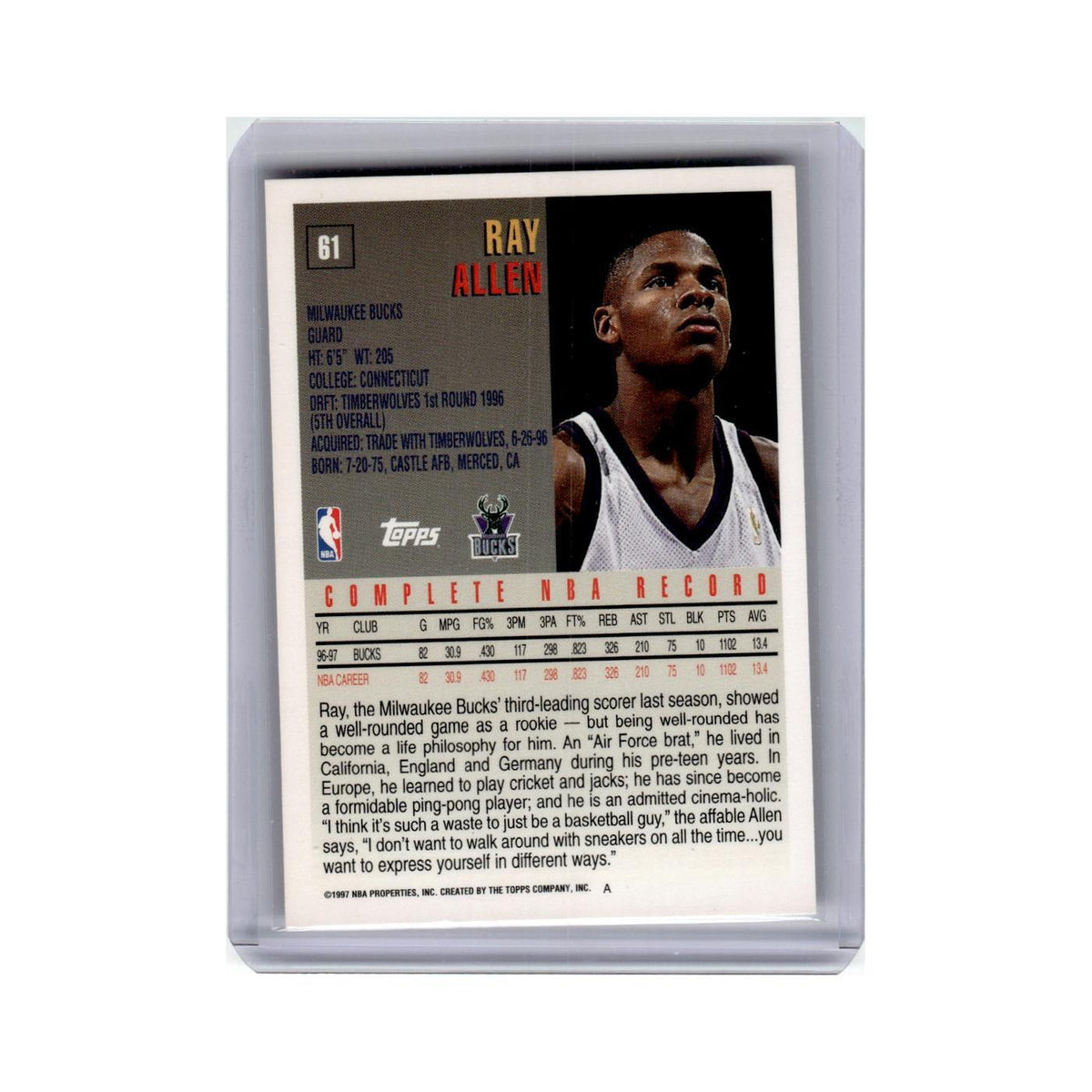Ray Allen 1997 Topps #61 Milwaukee Bucks Basketball Card NM