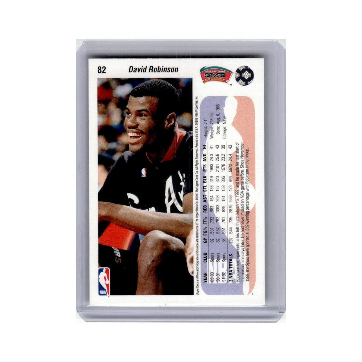 David Robinson 1992 Upper Deck #82 San Antonio Spurs Basketball Card NM
