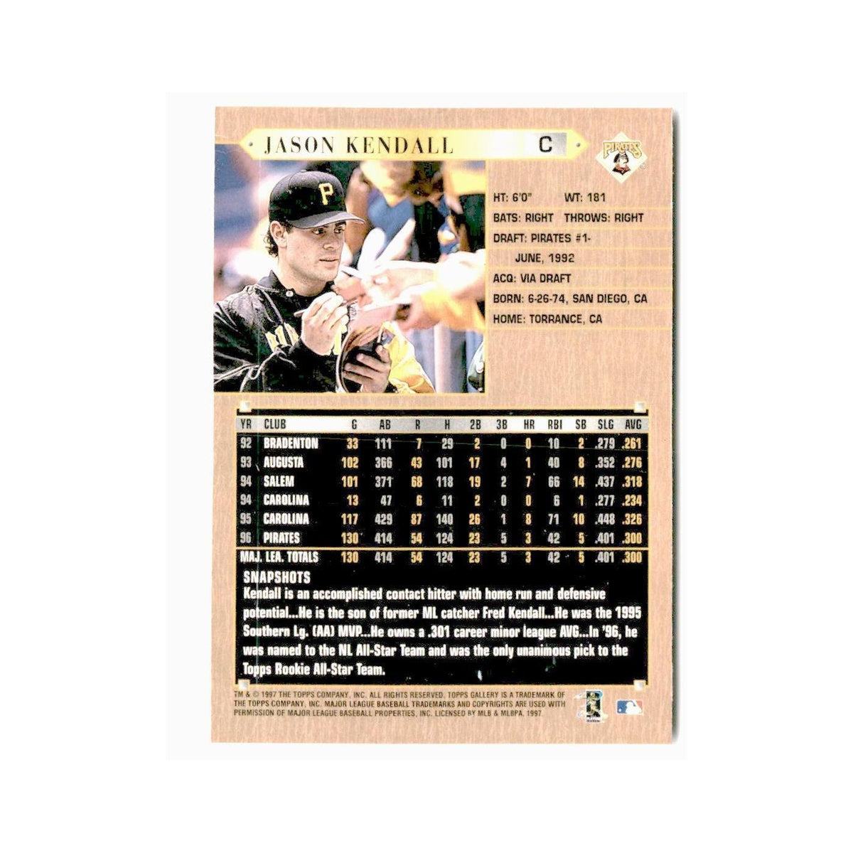 Jason Kendall 1997 Topps Gallery #152 Pittsburgh Pirates Baseball Card NM