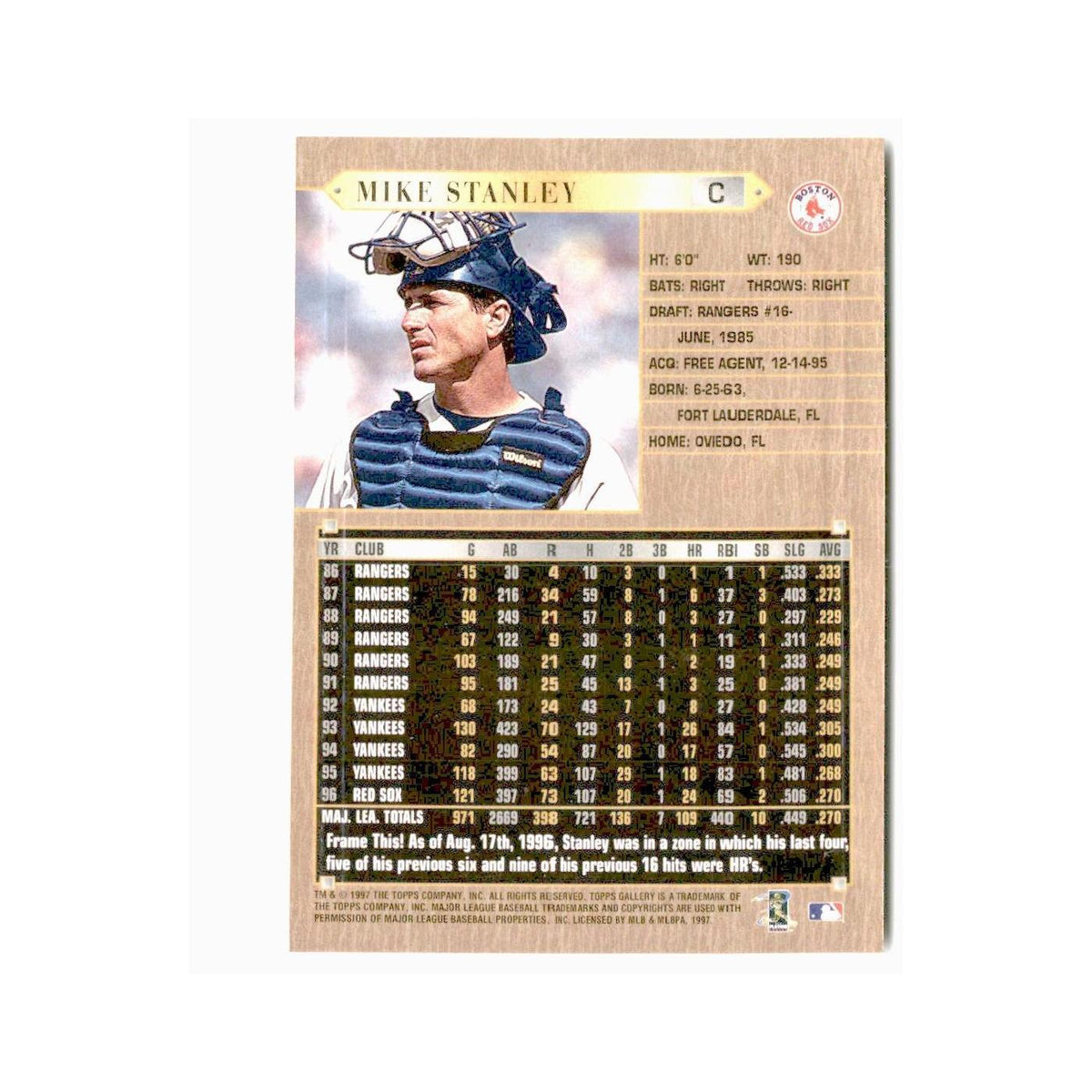 Mike Stanley 1997 Topps Gallery #6 Boston Red Sox Baseball Card NM