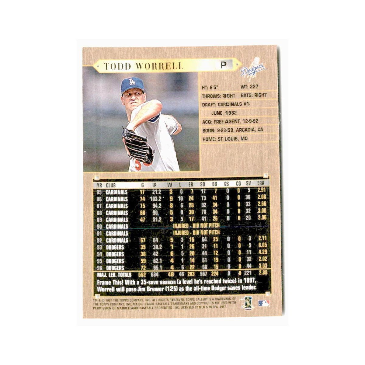 Todd Worrell 1997 Topps Gallery #13 Los Angeles Dodgers Baseball Card NM