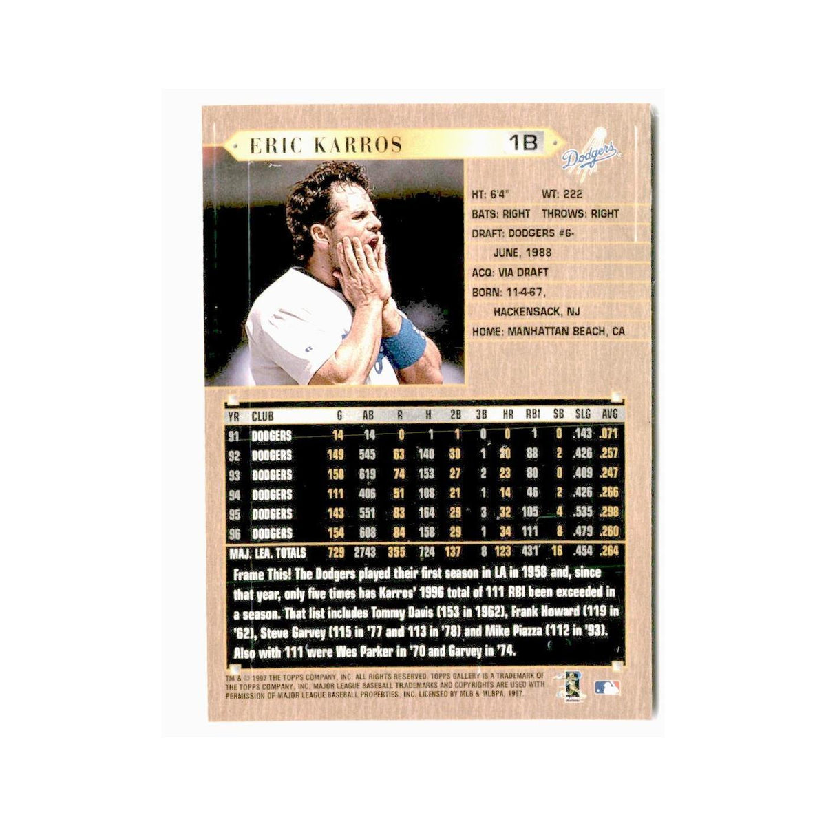 Eric Karros 1997 Topps Gallery #119 Los Angeles Dodgers Baseball Card NM