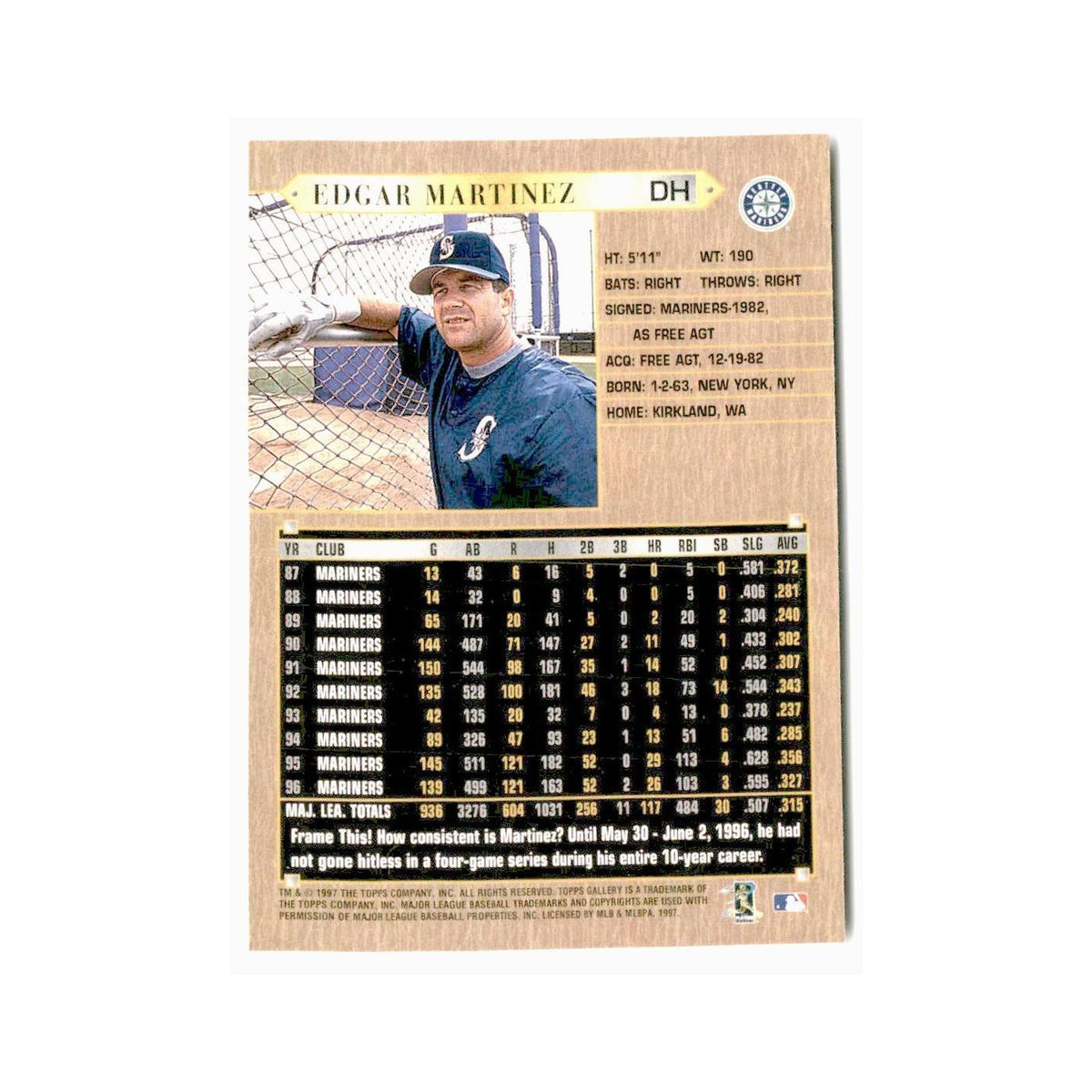 Edgar Martinez 1997 Topps Gallery #21 Seattle Mariners Baseball Card NM