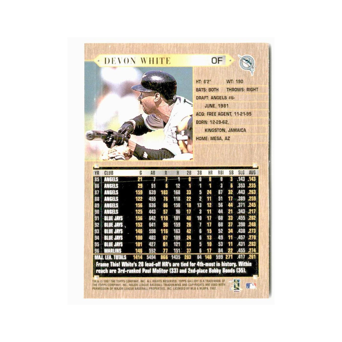 Devon White 1997 Topps Gallery #2 Florida Marlins Baseball Card NM