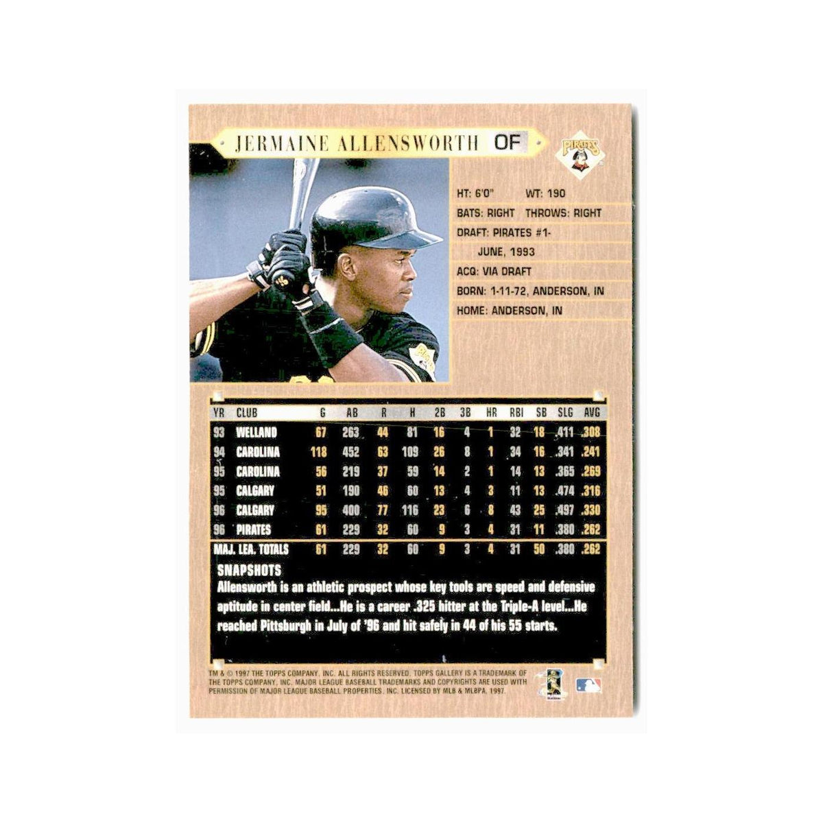 Jermaine Allensworth 1997 Topps Gallery #153 Pittsburgh Pirates Baseball Card NM