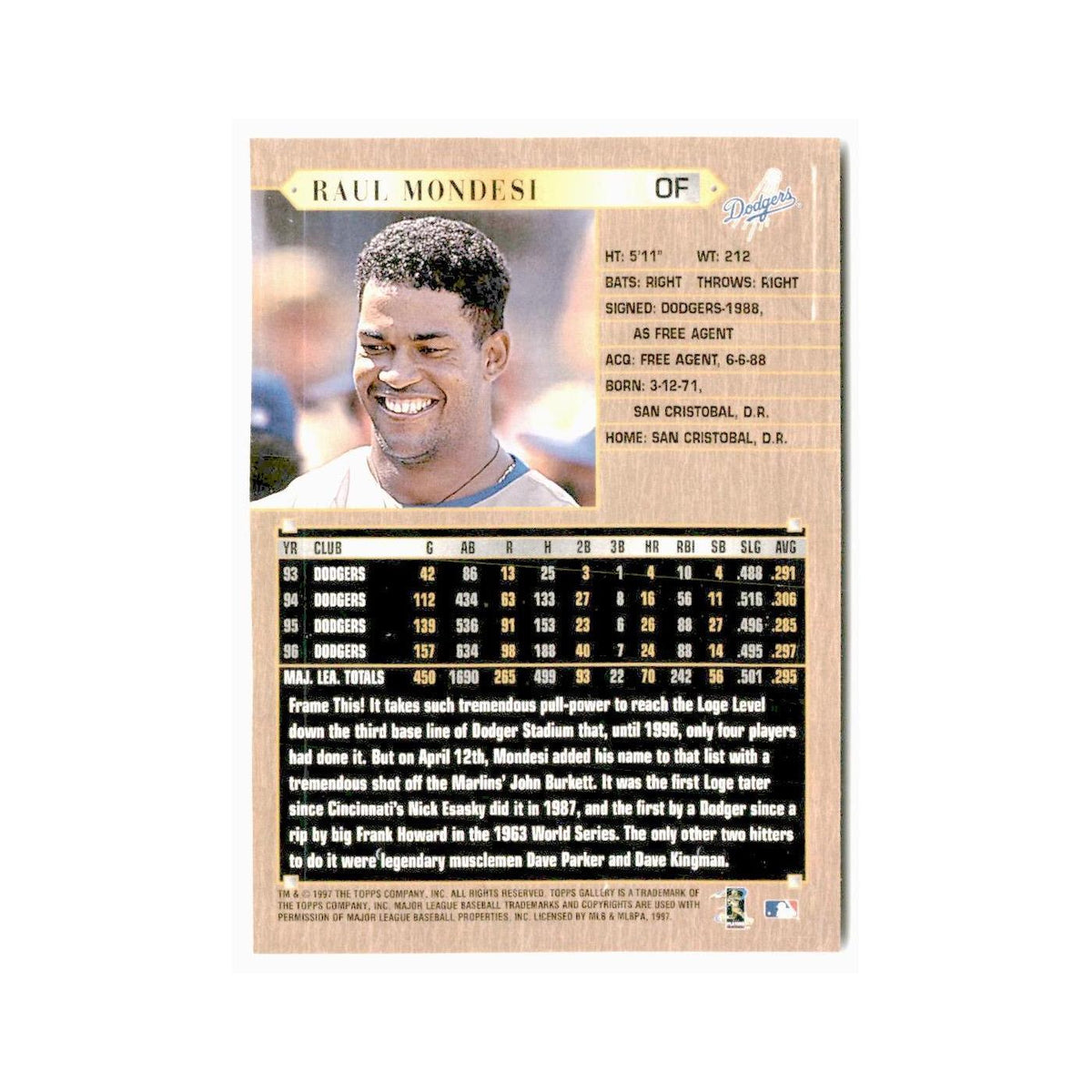 Raul Mondesi 1997 Topps Gallery #91 Los Angeles Dodgers Baseball Card NM