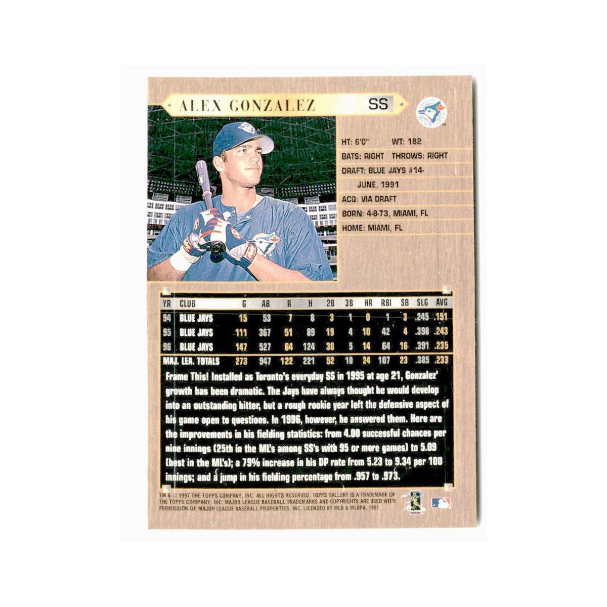 Alex Gonzalez 1997 Topps Gallery #99 Kane County Cougars Baseball Card NM